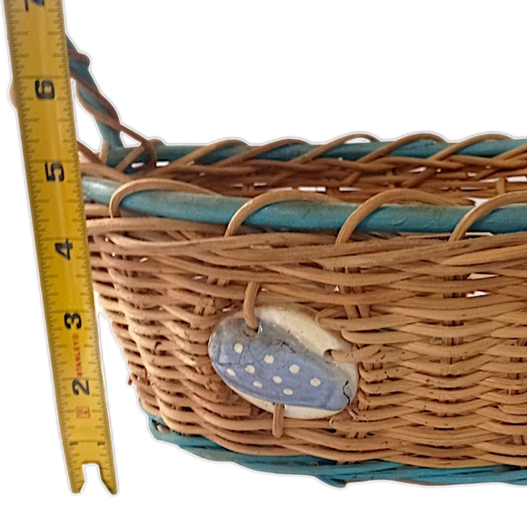 Wicker Basket Ceramic Insets Inlaid Beach Coastal Nautical Handles Bohemian Tan - Picture 2 of 16